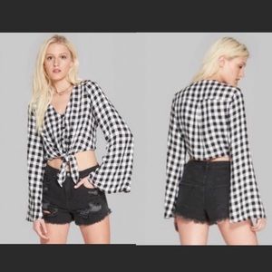 Plaid bell sleeve tie-front woven top